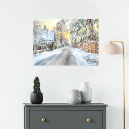 Plakat Malowana piękna zima na wsi