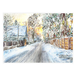 Plakat samoprzylepny Malowana piękna zima na wsi