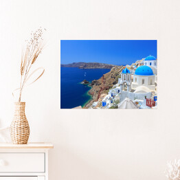 Plakat samoprzylepny Charakterystyczna architekrura na wyspie Santorini w Grecji