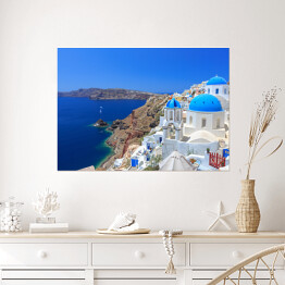 Plakat samoprzylepny Charakterystyczna architekrura na wyspie Santorini w Grecji
