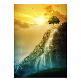 Plakat samoprzylepny Drzewo na skraju wodospadu na tle złocistego nieba