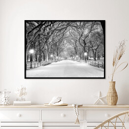 Plakat w ramie Central Park w Nowym Jorku pokryty śniegiem o świcie