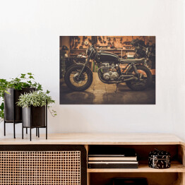 Plakat samoprzylepny Vintage motocykl na drewnianym podeście w garażu