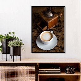 Plakat w ramie Obraz z kawą - ziarna, po zmieleniu oraz po zaparzeniu