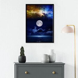 Plakat w ramie Pełnia księżyca na tle kolorowych mgławic