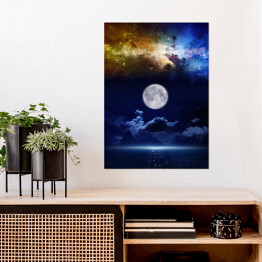 Plakat Pełnia księżyca na tle kolorowych mgławic