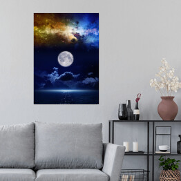 Plakat Pełnia księżyca na tle kolorowych mgławic