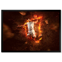 Plakat w ramie Koszykarz w ogniu na czarnym tle