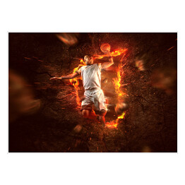 Plakat samoprzylepny Koszykarz w ogniu na czarnym tle