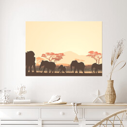 Plakat samoprzylepny Rodzina słoni i afrykańska roślinność