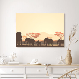 Obraz na płótnie Rodzina słoni i afrykańska roślinność