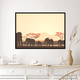 Plakat w ramie Rodzina słoni i afrykańska roślinność