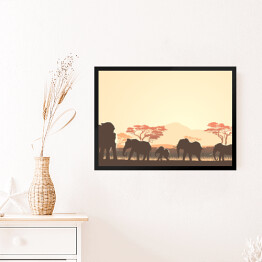 Obraz w ramie Rodzina słoni i afrykańska roślinność