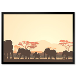 Plakat w ramie Rodzina słoni i afrykańska roślinność
