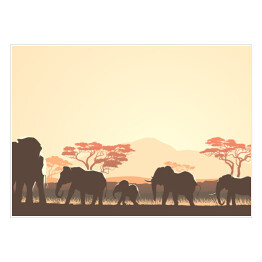 Plakat samoprzylepny Rodzina słoni i afrykańska roślinność