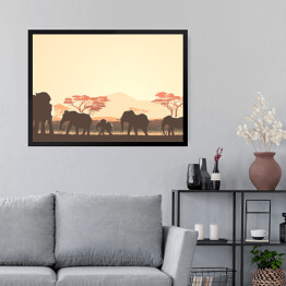 Obraz w ramie Rodzina słoni i afrykańska roślinność