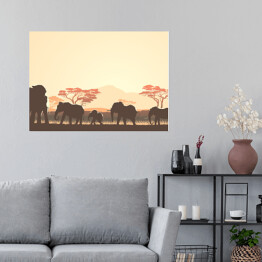 Plakat Rodzina słoni i afrykańska roślinność