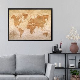 Obraz w ramie Beżowa mapa świata na jasnym tle w stylu vintage