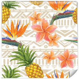 Tapeta samoprzylepna w rolce Tropikalne egzotyczne kwiaty i ananasy na wzorzystym tle