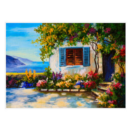 Plakat Piękne domy blisko morza - obraz olejny