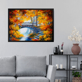 Obraz w ramie Obraz olejny - jesienny las z drogą i mostem 