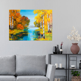Plakat samoprzylepny Obraz olejny - brzozowy las w pobliżu rzeki