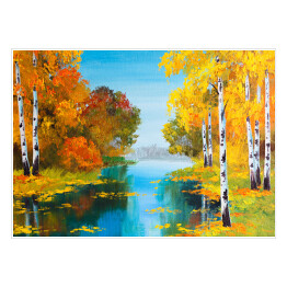 Plakat samoprzylepny Obraz olejny - brzozowy las w pobliżu rzeki