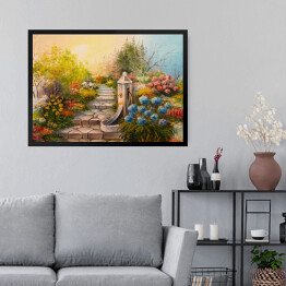 Obraz w ramie Obraz olejny - niebo w pastelowych barwach nad kamiennymi schodami w lesie