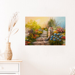 Plakat samoprzylepny Obraz olejny - niebo w pastelowych barwach nad kamiennymi schodami w lesie