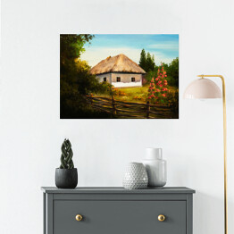 Plakat Obraz olejny - wiejski dom wśród drzew