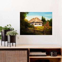 Plakat Obraz olejny - wiejski dom wśród drzew