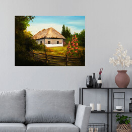 Plakat samoprzylepny Obraz olejny - wiejski dom wśród drzew