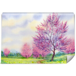 Fototapeta winylowa zmywalna Akwarela - kwitnące drzewa w polu