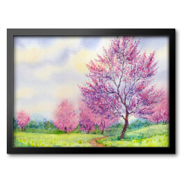 Obraz w ramie Akwarela - kwitnące drzewa w polu