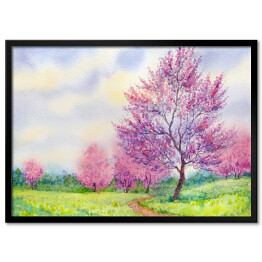 Plakat w ramie Akwarela - kwitnące drzewa w polu