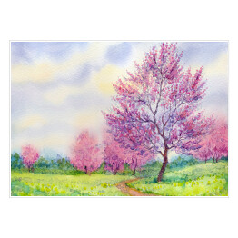 Plakat Akwarela - kwitnące drzewa w polu