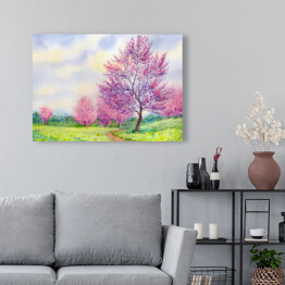 Obraz na płótnie Akwarela - kwitnące drzewa w polu
