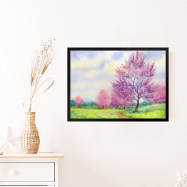 Obraz w ramie Akwarela - kwitnące drzewa w polu