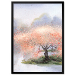 Plakat w ramie Kwitnące drzewo w pobliżu rzeki