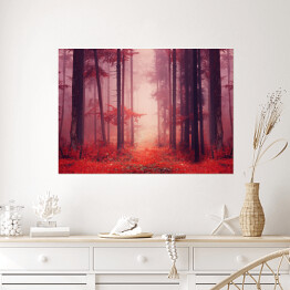 Plakat Jesienny las we mgle w odcieniach czerwieni
