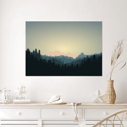 Plakat Ciemny las na tle gór w trakcie wschodu słonca