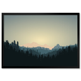 Plakat w ramie Ciemny las na tle gór w trakcie wschodu słonca