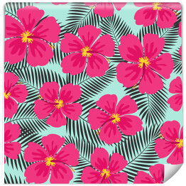 Tapeta samoprzylepna w rolce Różowe kwiaty hibiskusa i czarne liście palmowe