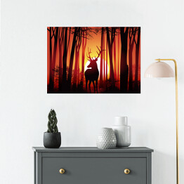 Plakat Jeleń w lesie na tle złocistego zachodu słońca 