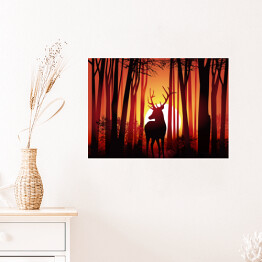 Plakat samoprzylepny Jeleń w lesie na tle złocistego zachodu słońca 