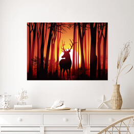 Plakat Jeleń w lesie na tle złocistego zachodu słońca 