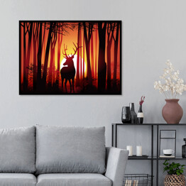 Plakat w ramie Jeleń w lesie na tle złocistego zachodu słońca 