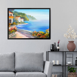 Obraz w ramie Obraz olejny - dom blisko morza otoczony roślinnością