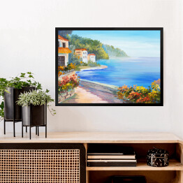 Obraz w ramie Obraz olejny - dom blisko morza otoczony roślinnością