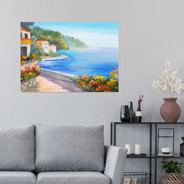 Plakat samoprzylepny Obraz olejny - dom blisko morza otoczony roślinnością